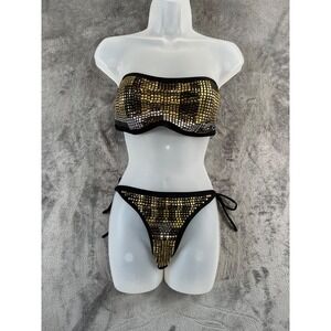 Bebe Studded Bikini 2 Piece Top Large Bottom Medium Black Gold Y2K